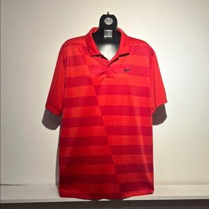 Nike Men's Red and Orange Striped Polo Shirt
